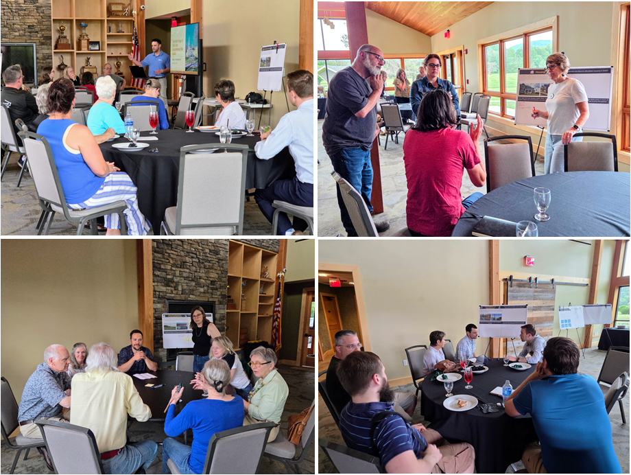Four-photo collage of a community planning meeting: top left shows a presenter speaking to attendees seated at round tables with a screen displaying a comprehensive plan update; top right shows a small group in discussion near poster boards; bottom left shows participants gathered around a table engaged in group conversation; bottom right shows another group discussing materials near display boards in a meeting room.